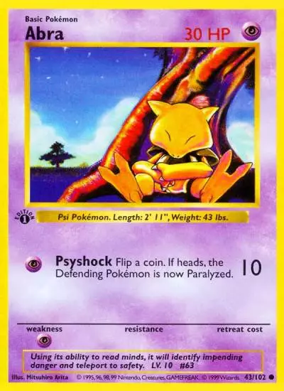 Abra 43/102 Base Pokemon card
