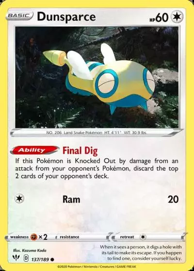 Dunsparce 137/189 Darkness Ablaze Pokemon card