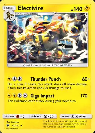 Electivire 43/147 Burning Shadows Pokemon card