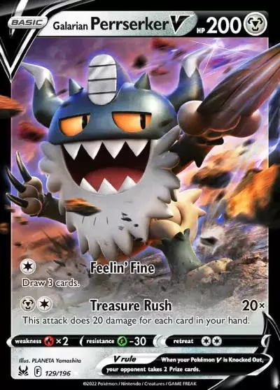 Galarian Perrserker V 129/196 Lost Origin Pokemon card