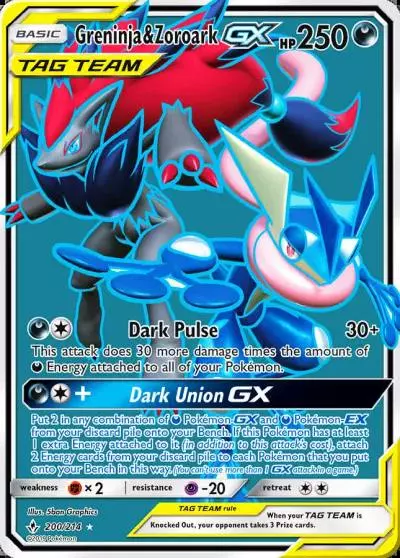Greninja & Zoroark-GX 200/214 Unbroken Bonds Pokemon card
