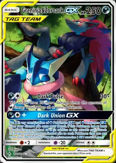 Greninja & Zoroark-GX 201/214 Unbroken Bonds Pokemon card
