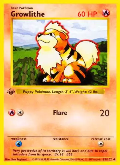Growlithe 28/102 Base Pokemon card