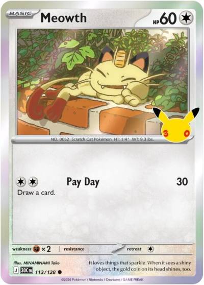 Meowth 113/128 30th Celebration Pokemon card