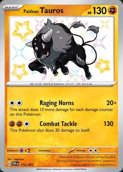 Paldean Tauros 172/91 Paldean Fates Pokemon card