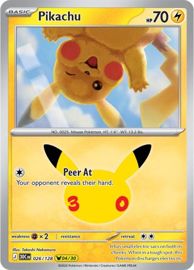 Pikachu 26/128 30th Celebration Pokemon card