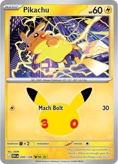 Pikachu 30/128 30th Celebration Pokemon card