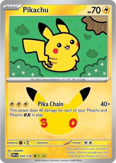 Pikachu 34/128 30th Celebration Pokemon card