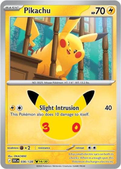 Pikachu 36/128 30th Celebration Pokemon card