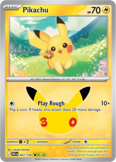 Pikachu 47/128 30th Celebration Pokemon card