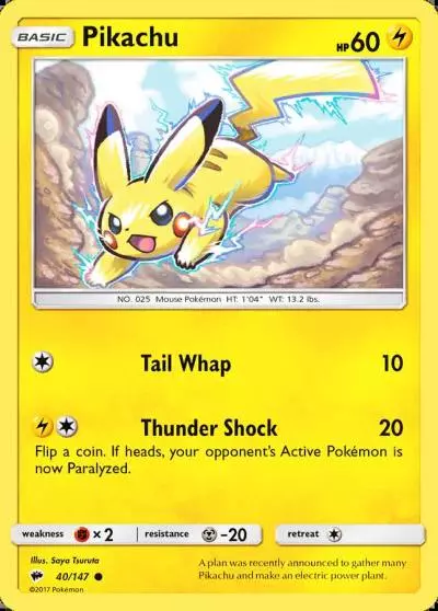 Pikachu 40/147 Burning Shadows Pokemon card