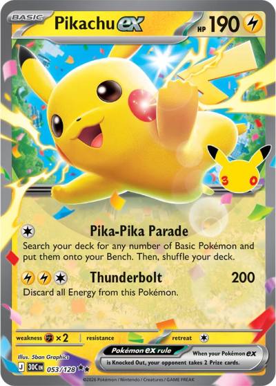 Pikachu ex 53/128 30th Celebration Pokemon card