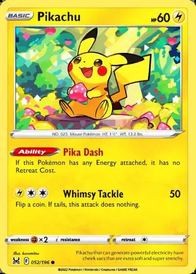 Pikachu 52/196 Lost Origin Pokemon card
