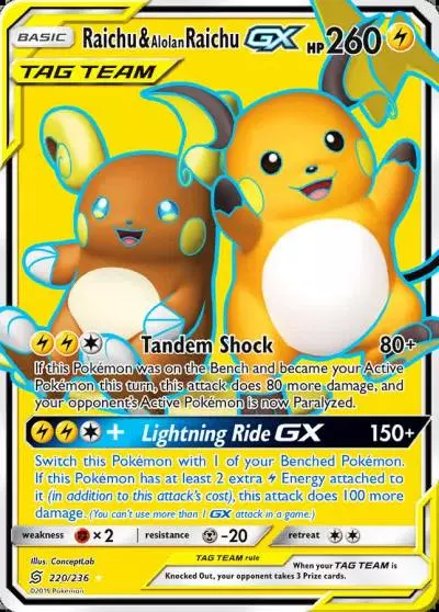 Raichu & Alolan Raichu-GX 220/236 Unified Minds Pokemon card