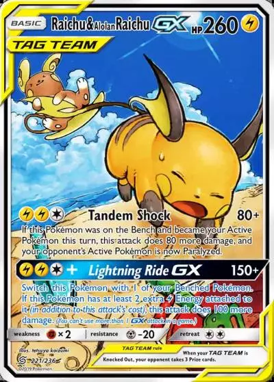Raichu & Alolan Raichu-GX 221/236 Unified Minds Pokemon card