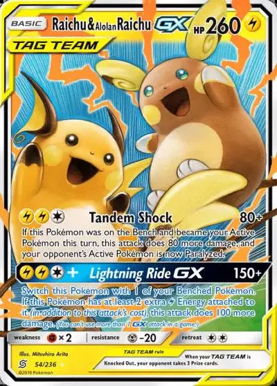 Raichu & Alolan Raichu-GX 54/236 Unified Minds Pokemon card