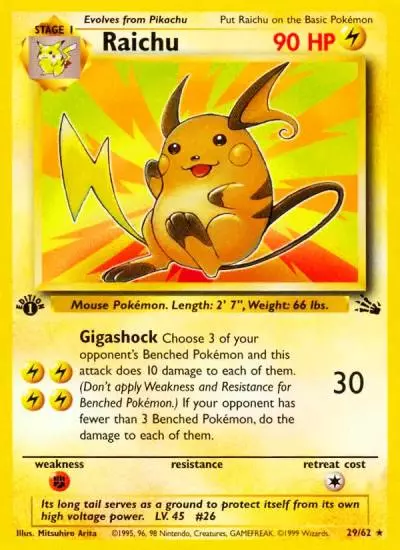 Raichu 29/62 Fossil Pokemon card