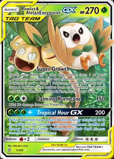 Rowlet & Alolan Exeggutor-GX 1/236 Unified Minds Pokemon card