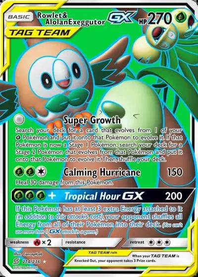 Rowlet & Alolan Exeggutor-GX 214/236 Unified Minds Pokemon card