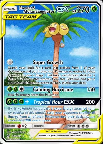 Rowlet & Alolan Exeggutor-GX 215/236 Unified Minds Pokemon card