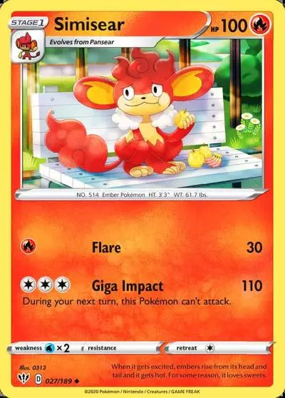 Simisear 27/189 Darkness Ablaze Pokemon card