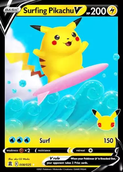 Surfing Pikachu V 8/25 Celebrations Pokemon card