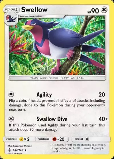 Swellow 104/145 Guardians Rising Pokemon card