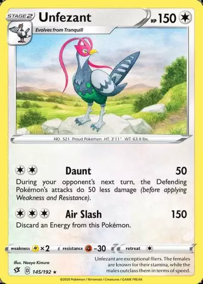 Unfezant 145/192 Rebel Clash Pokemon card