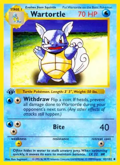 Wartortle 42/102 Base Pokemon card