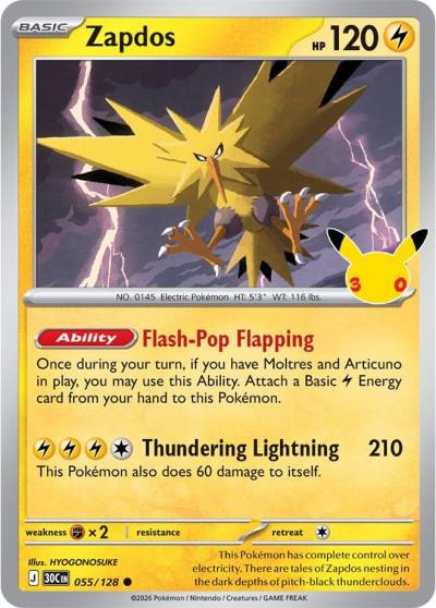 Zapdos 55/128 30th Celebration Pokemon card