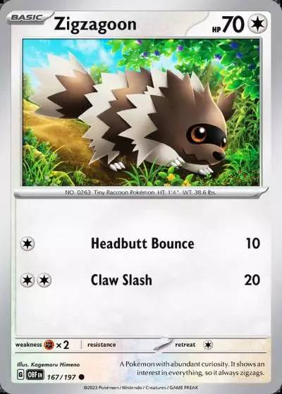 Zigzagoon 167/197 Obsidian Flames Pokemon card