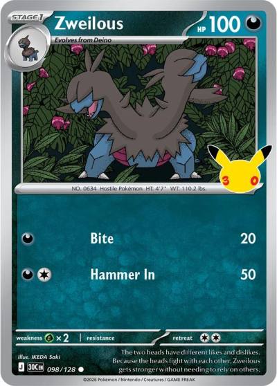 Zweilous 98/128 30th Celebration Pokemon card